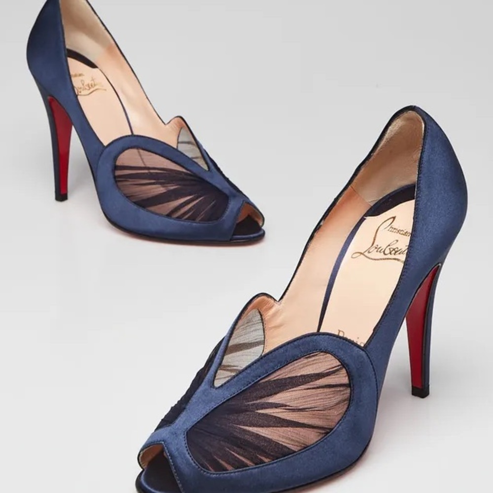 Christian Louboutin Navy Blue Satin Peep-Toe Red bottom Heels luxury Designer